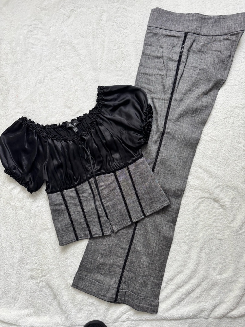 bebe Black Satin Puff-Sleeve Top with Gray Boot-Cut Pants lace trim insert